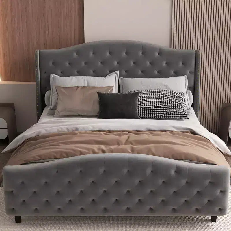 Base de cama Queen con cabecero y piecero, cama de plataforma tapizada en terciopelo con diseño de ala, no necesita somier, capacidad de 800 lb