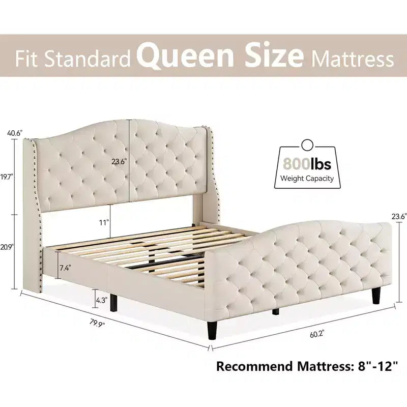 Base de cama Queen con cabecero y piecero, cama de plataforma tapizada en terciopelo con diseño de ala, no necesita somier, capacidad de 800 lb