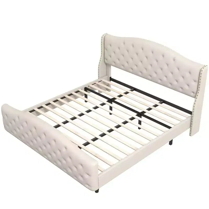 Base de cama Queen con cabecero y piecero, cama de plataforma tapizada en terciopelo con diseño de ala, no necesita somier, capacidad de 800 lb