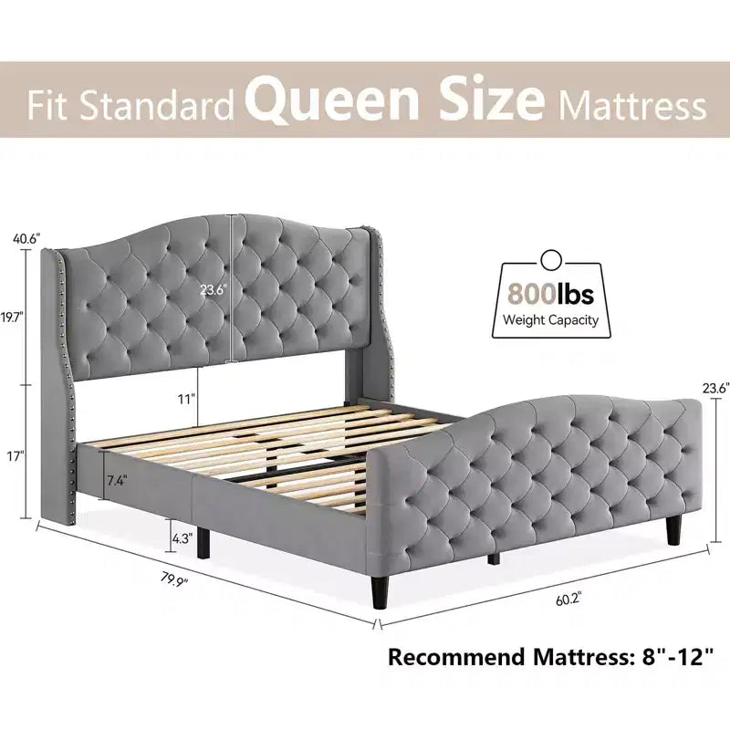 Base de cama Queen con cabecero y piecero, cama de plataforma tapizada en terciopelo con diseño de ala, no necesita somier, capacidad de 800 lb