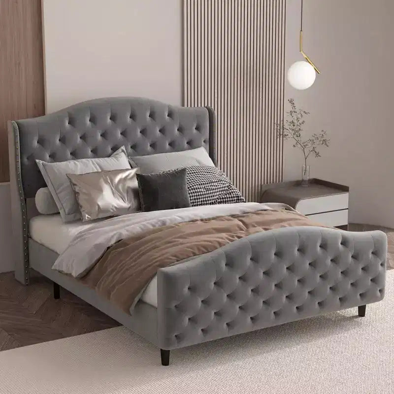 Base de cama Queen con cabecero y piecero, cama de plataforma tapizada en terciopelo con diseño de ala, no necesita somier, capacidad de 800 lb