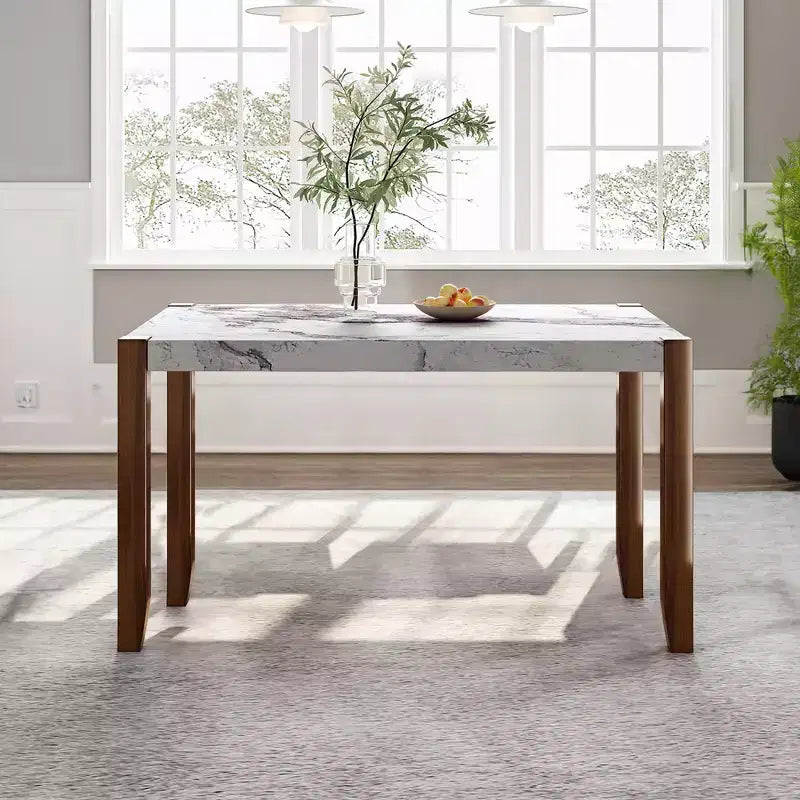 46.5 Mesa de comedor moderna, mesa de cocina rectangular de imitación mármol con patas de madera de caucho, blanca - ModernLuxe