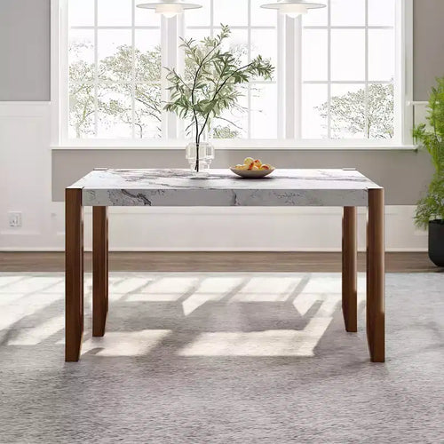 46.5 Mesa de comedor moderna, mesa de cocina rectangular de imitación mármol con patas de madera de caucho, blanca - ModernLuxe