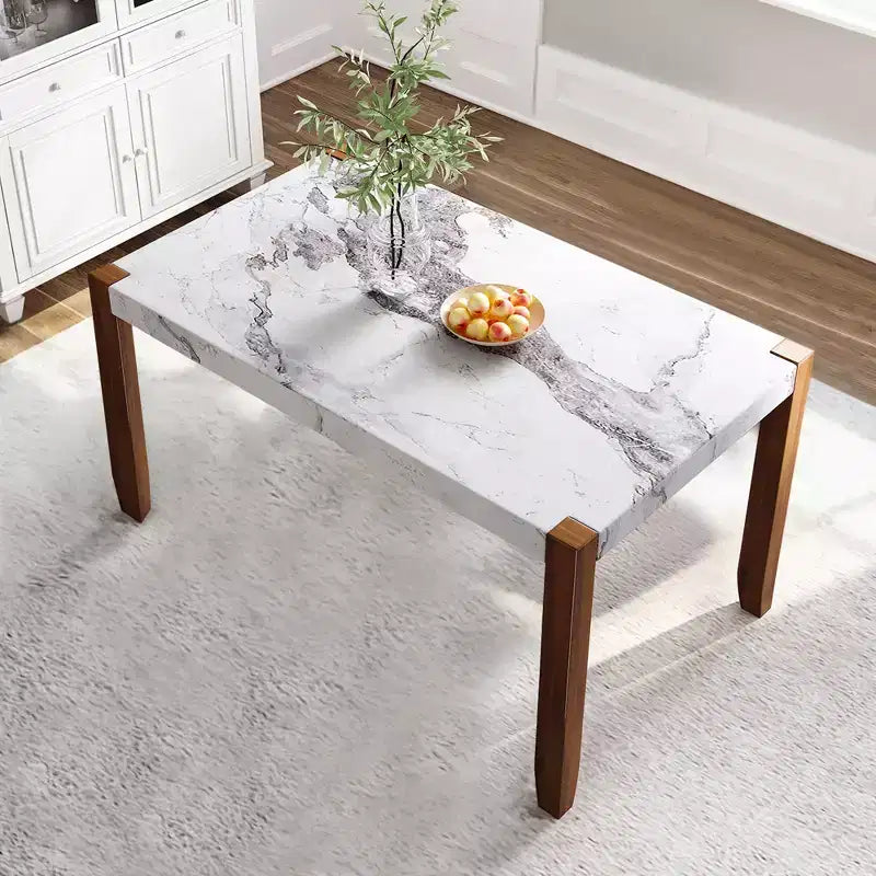 46.5 Mesa de comedor moderna, mesa de cocina rectangular de imitación mármol con patas de madera de caucho, blanca - ModernLuxe