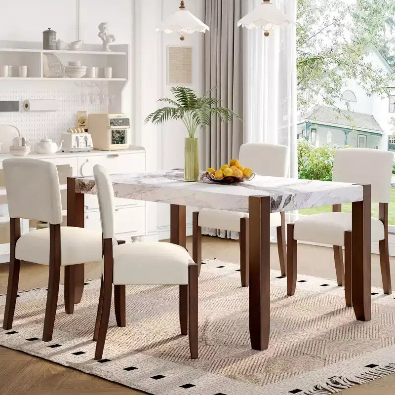 46.5 Mesa de comedor moderna, mesa de cocina rectangular de imitación mármol con patas de madera de caucho, blanca - ModernLuxe