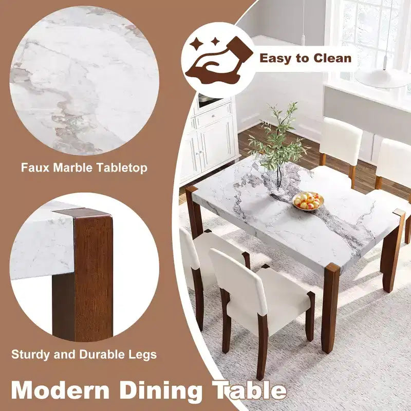 46.5 Mesa de comedor moderna, mesa de cocina rectangular de imitación mármol con patas de madera de caucho, blanca - ModernLuxe