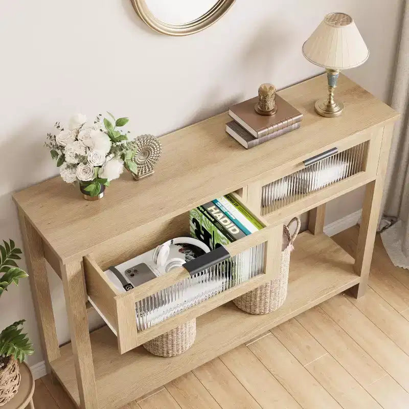 Mesa de entrada de 43.3'', mesa consola de madera con 2 cajones de cristal y estante abierto, almacenamiento detrás del sofá, para sala de estar, pasillo