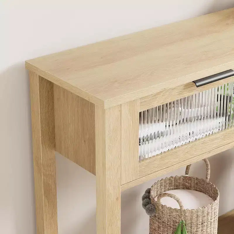 Mesa de entrada de 43.3'', mesa consola de madera con 2 cajones de cristal y estante abierto, almacenamiento detrás del sofá, para sala de estar, pasillo