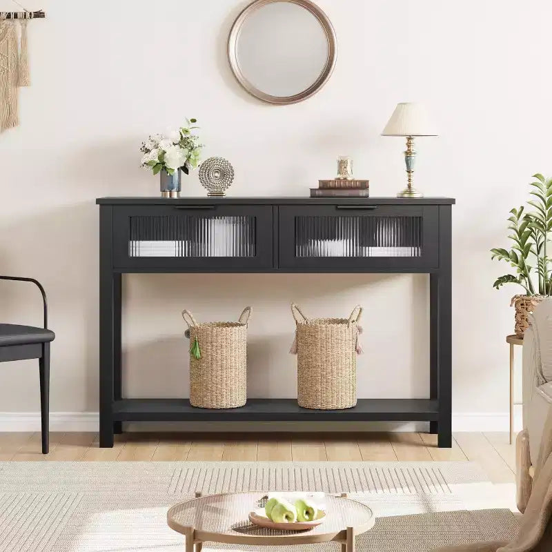 Mesa de entrada de 43.3'', mesa consola de madera con 2 cajones de cristal y estante abierto, almacenamiento detrás del sofá, para sala de estar, pasillo