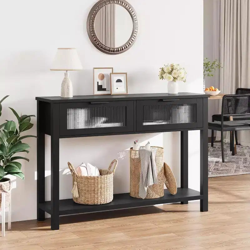 Mesa de entrada de 43.3'', mesa consola de madera con 2 cajones de cristal y estante abierto, almacenamiento detrás del sofá, para sala de estar, pasillo