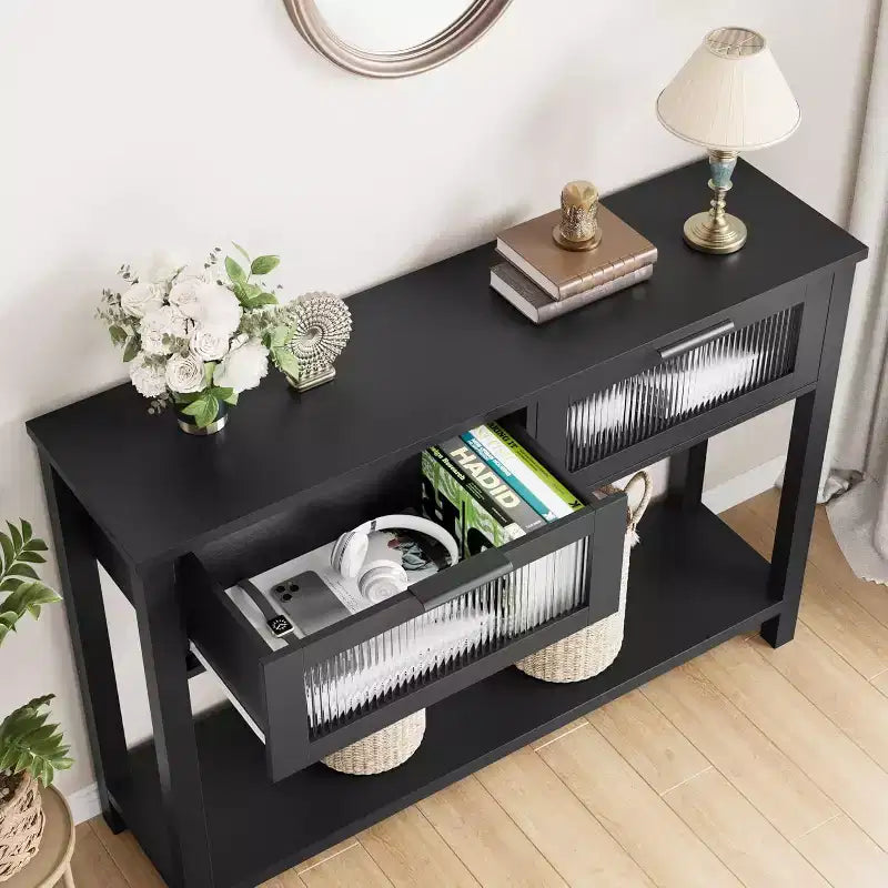 Mesa de entrada de 43.3'', mesa consola de madera con 2 cajones de cristal y estante abierto, almacenamiento detrás del sofá, para sala de estar, pasillo