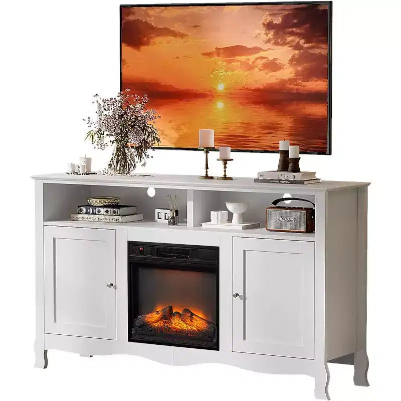Mueble TV para Chimenea VINGLI de hasta 70 Pulgadas, Centro de Entretenimiento Moderno Francés con Calefactor Eléctrico y Patas Curvas