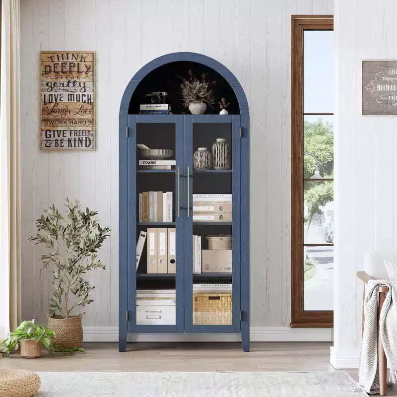 63.2 Gabinete de despensa de cocina con arco, estante de exhibición de 5 niveles con estante ajustable y 2 puertas grandes de vidrio, para cocina, comedor, sala de estar