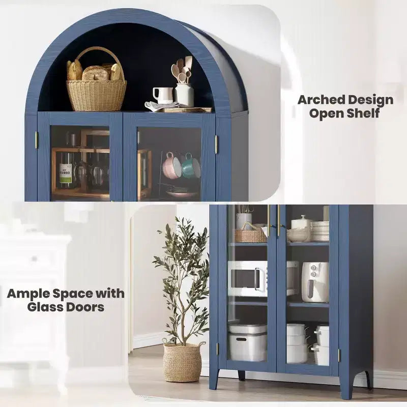 63.2 Gabinete de despensa de cocina con arco, estante de exhibición de 5 niveles con estante ajustable y 2 puertas grandes de vidrio, para cocina, comedor, sala de estar