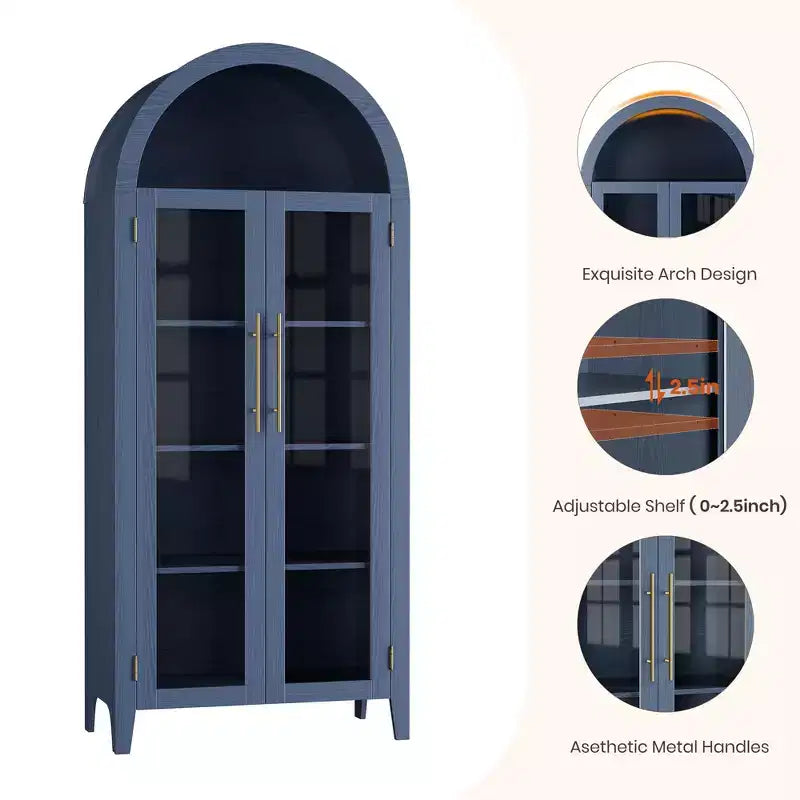 63.2 Gabinete de despensa de cocina con arco, estante de exhibición de 5 niveles con estante ajustable y 2 puertas grandes de vidrio, para cocina, comedor, sala de estar
