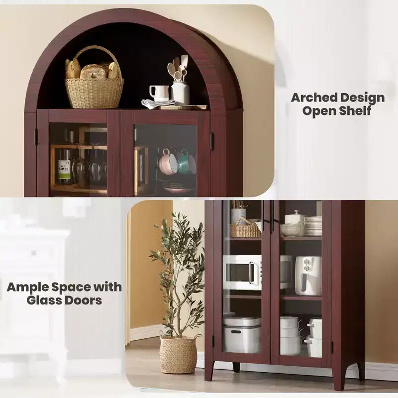 63.2 Gabinete de despensa de cocina con arco, estante de exhibición de 5 niveles con estante ajustable y 2 puertas grandes de vidrio, para cocina, comedor, sala de estar