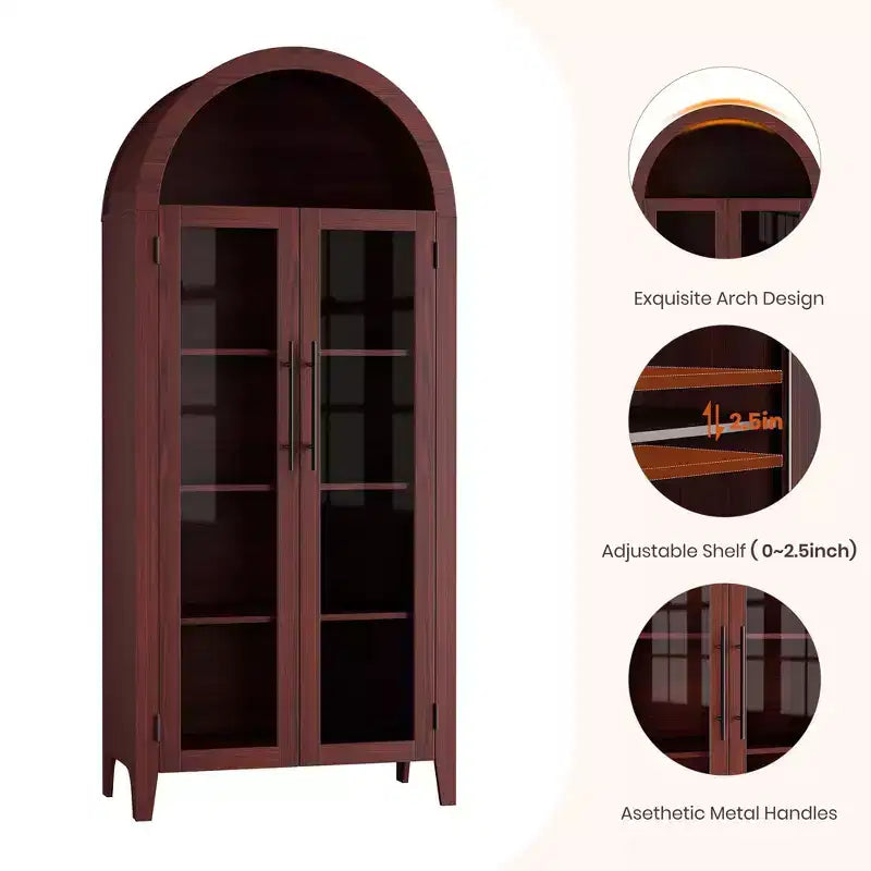63.2 Gabinete de despensa de cocina con arco, estante de exhibición de 5 niveles con estante ajustable y 2 puertas grandes de vidrio, para cocina, comedor, sala de estar