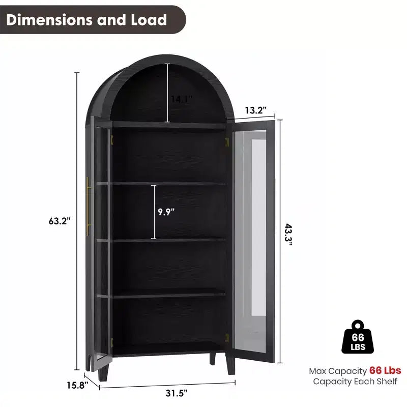 63.2 Gabinete de despensa de cocina con arco, estante de exhibición de 5 niveles con estante ajustable y 2 puertas grandes de vidrio, para cocina, comedor, sala de estar