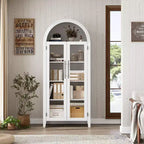 63.2 Gabinete de despensa de cocina con arco, estante de exhibición de 5 niveles con estante ajustable y 2 puertas grandes de vidrio, para cocina, comedor, sala de estar