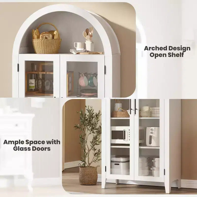 63.2 Gabinete de despensa de cocina con arco, estante de exhibición de 5 niveles con estante ajustable y 2 puertas grandes de vidrio, para cocina, comedor, sala de estar
