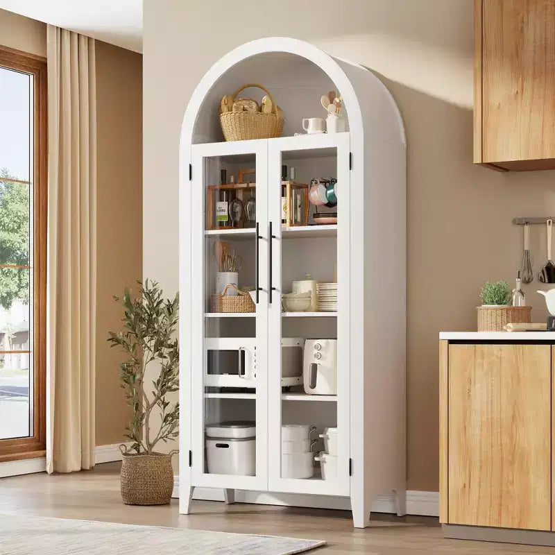 63.2 Gabinete de despensa de cocina con arco, estante de exhibición de 5 niveles con estante ajustable y 2 puertas grandes de vidrio, para cocina, comedor, sala de estar