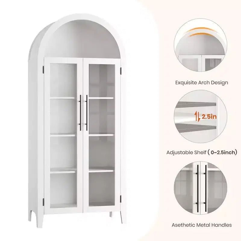 63.2 Gabinete de despensa de cocina con arco, estante de exhibición de 5 niveles con estante ajustable y 2 puertas grandes de vidrio, para cocina, comedor, sala de estar