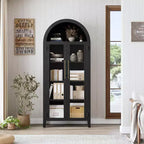 63.2 Gabinete de despensa de cocina con arco, estante de exhibición de 5 niveles con estante ajustable y 2 puertas grandes de vidrio, para cocina, comedor, sala de estar