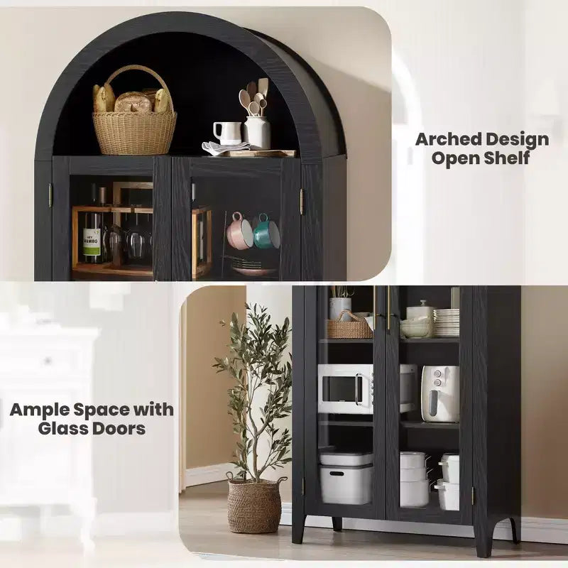63.2 Gabinete de despensa de cocina con arco, estante de exhibición de 5 niveles con estante ajustable y 2 puertas grandes de vidrio, para cocina, comedor, sala de estar