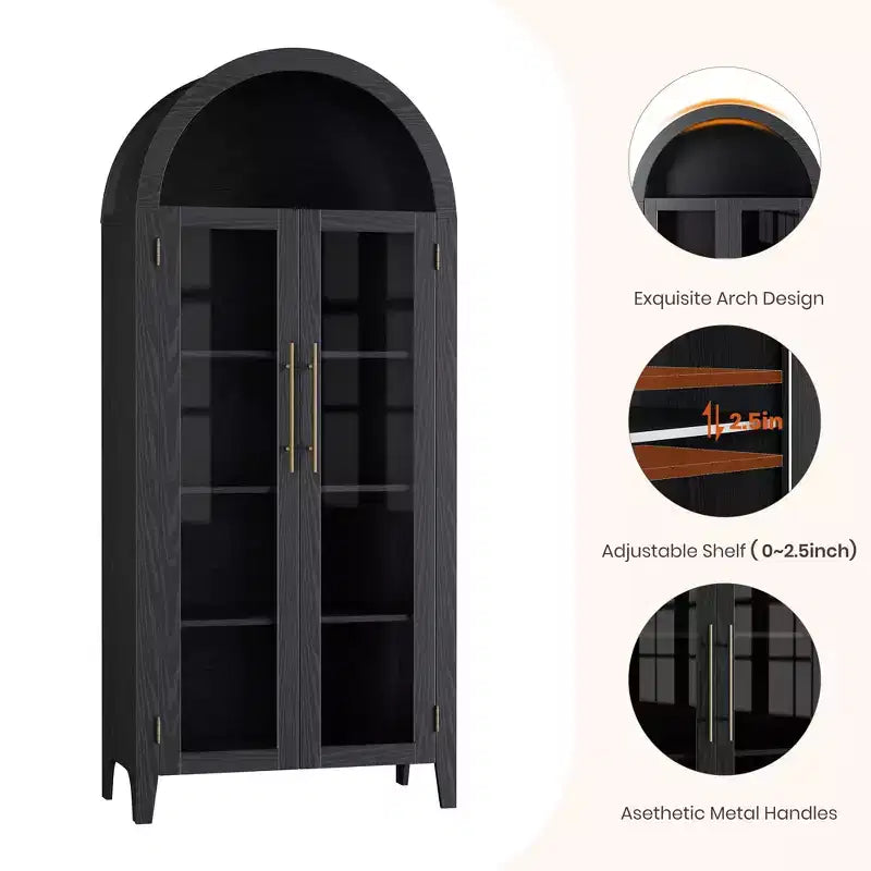 63.2 Gabinete de despensa de cocina con arco, estante de exhibición de 5 niveles con estante ajustable y 2 puertas grandes de vidrio, para cocina, comedor, sala de estar