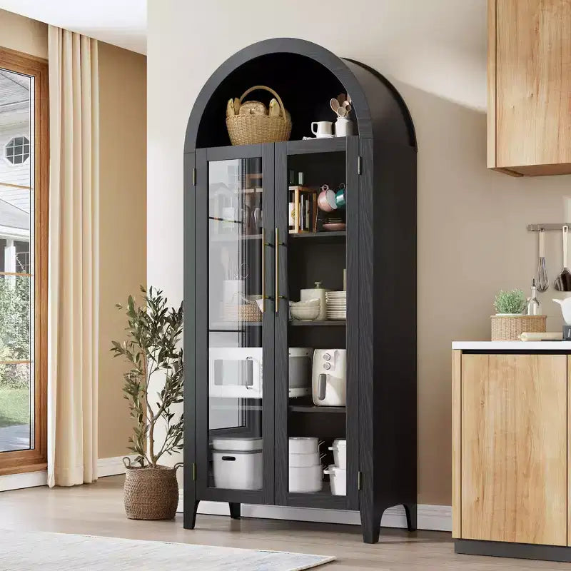 63.2 Gabinete de despensa de cocina con arco, estante de exhibición de 5 niveles con estante ajustable y 2 puertas grandes de vidrio, para cocina, comedor, sala de estar