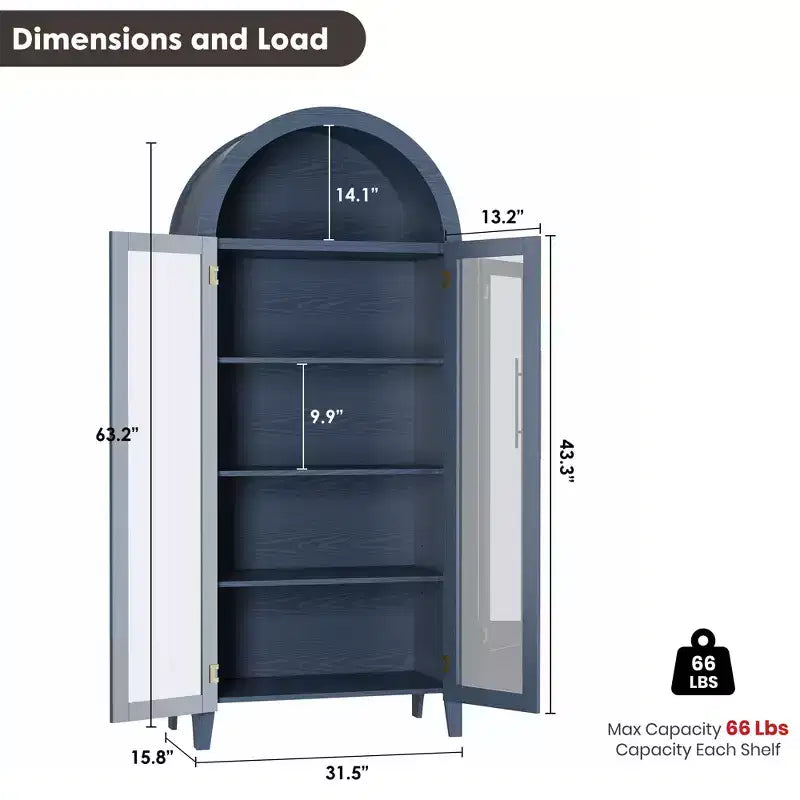 63.2 Gabinete de despensa de cocina con arco, estante de exhibición de 5 niveles con estante ajustable y 2 puertas grandes de vidrio, para cocina, comedor, sala de estar