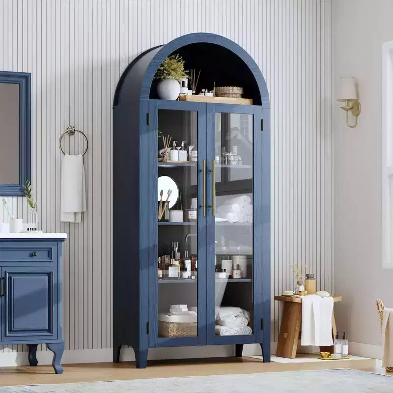 63.2 Gabinete de despensa de cocina con arco, estante de exhibición de 5 niveles con estante ajustable y 2 puertas grandes de vidrio, para cocina, comedor, sala de estar
