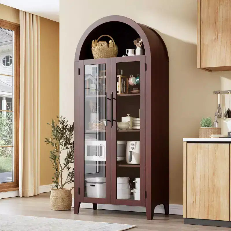 63.2 Gabinete de despensa de cocina con arco, estante de exhibición de 5 niveles con estante ajustable y 2 puertas grandes de vidrio, para cocina, comedor, sala de estar