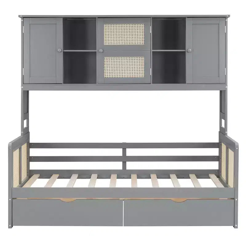 Sofá cama doble/matrimonial con estantería de almacenamiento, sofá cama de madera con armarios y estantes de almacenamiento