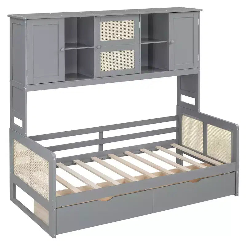 Sofá cama doble/matrimonial con estantería de almacenamiento, sofá cama de madera con armarios y estantes de almacenamiento