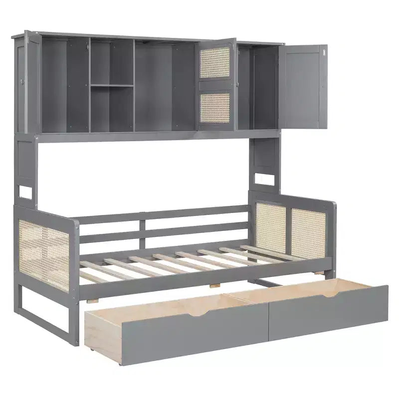 Sofá cama doble/matrimonial con estantería de almacenamiento, sofá cama de madera con armarios y estantes de almacenamiento