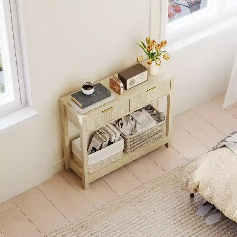 HOMCOM Mesa consola moderna de 35 pulgadas con almacenaje, mesa estrecha para pasillo con cajones de paneles estriados y estante para sala de estar, natural