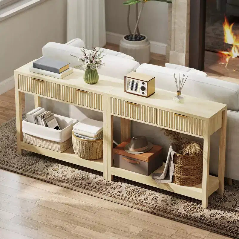 HOMCOM Mesa consola moderna de 35 pulgadas con almacenaje, mesa estrecha para pasillo con cajones de paneles estriados y estante para sala de estar, natural