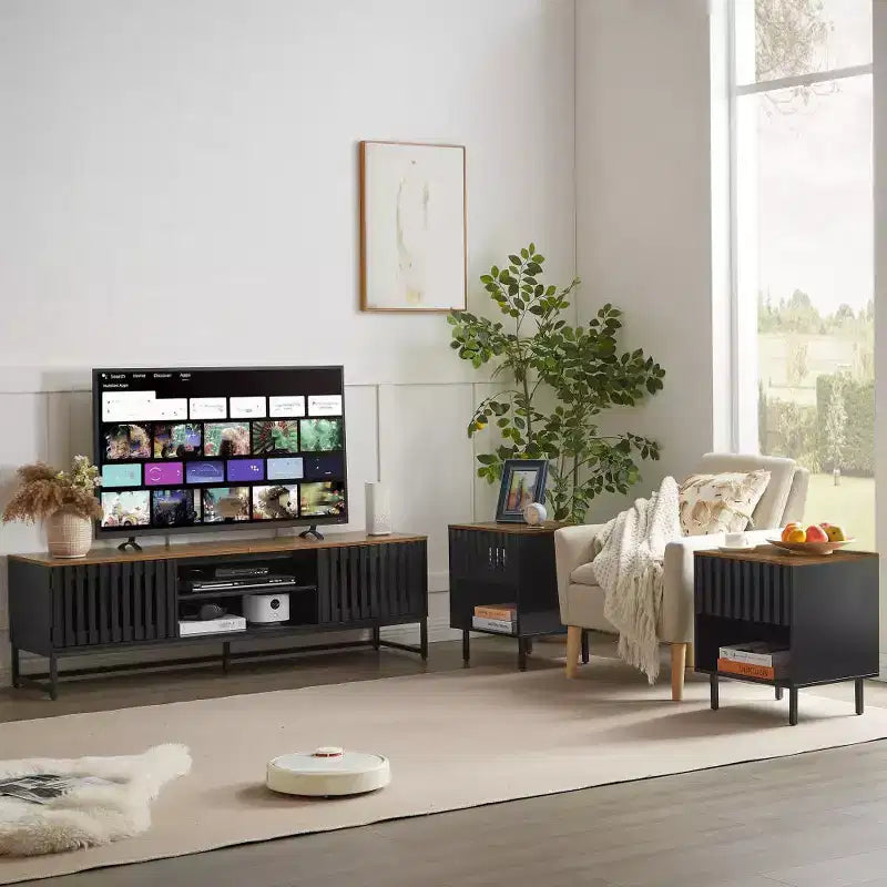 Mueble de TV Moderno de Temperatura Media de 63 Pulgadas | Puertas con Rejilla de Listones y Almacenamiento Ideal para Sala de Estar, Dormitorio y Centro de Entretenimiento