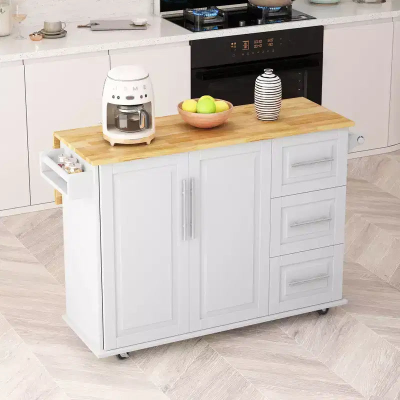 Okak Isla de Cocina Moderna con Encimera Abatible y Cajones, Carrito de Cocina Móvil con Ruedas y Estantes, Armario de Almacenamiento, Mesa de Comedor Plegable