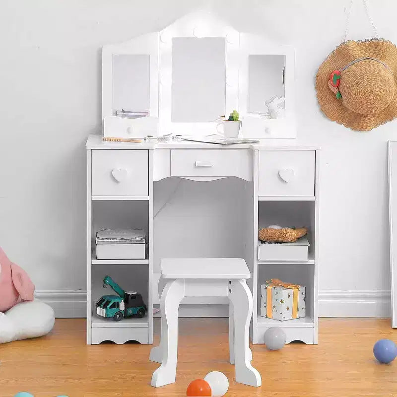 Juego de tocador con espejo, tocador infantil de madera 2 en 1 con taburete y cajón