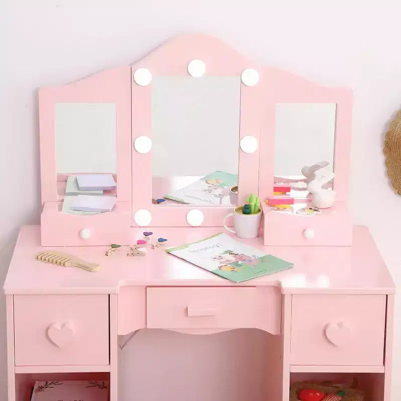 Juego de tocador con espejo, tocador infantil de madera 2 en 1 con taburete y cajón