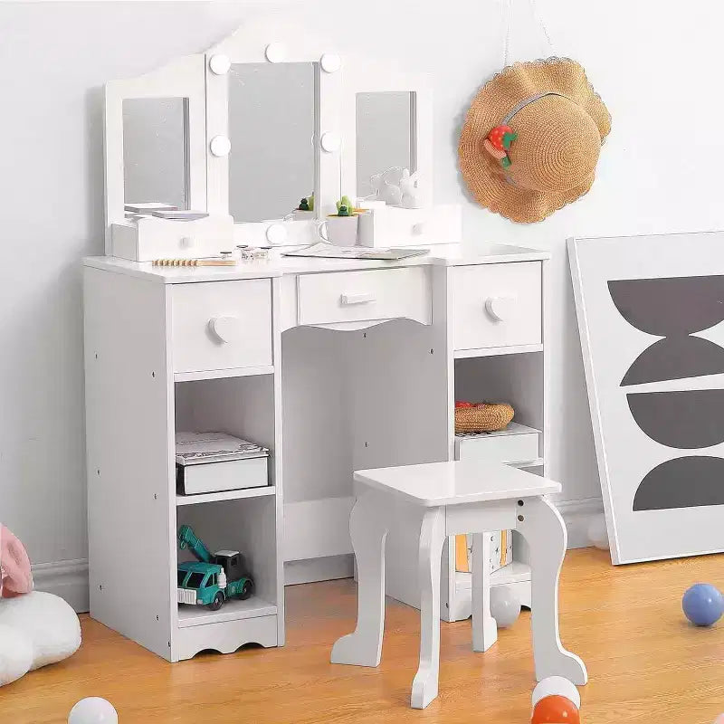 Juego de tocador con espejo, tocador infantil de madera 2 en 1 con taburete y cajón