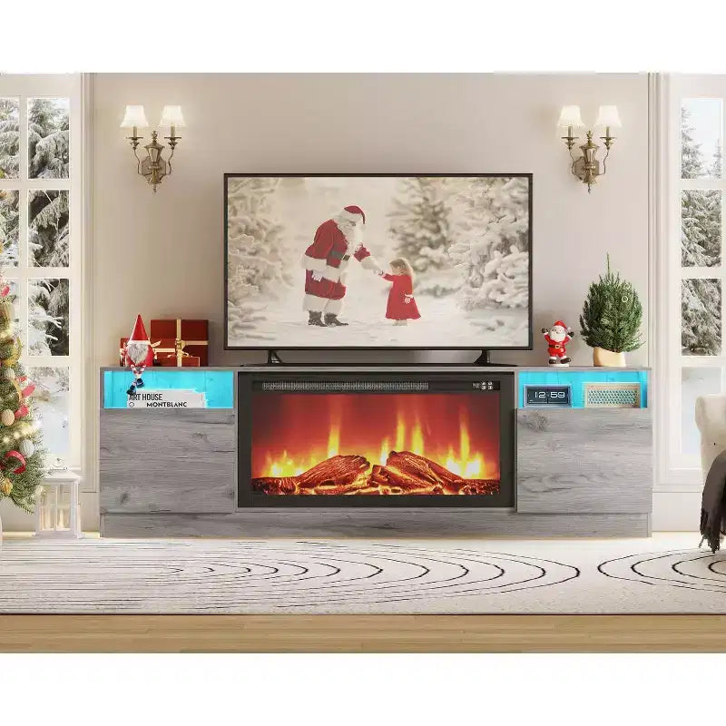 Mueble de TV moderno con iluminación LED, que incluye armarios de almacenamiento y estantes, adecuado para dormitorios y salas de estar.