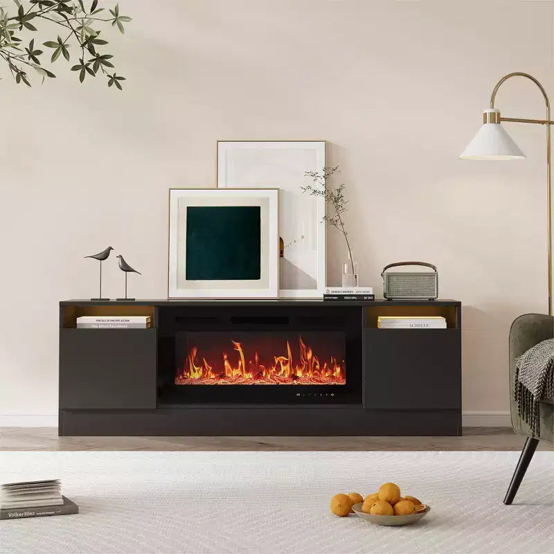 Mueble de TV moderno con iluminación LED, que incluye armarios de almacenamiento y estantes, adecuado para dormitorios y salas de estar.