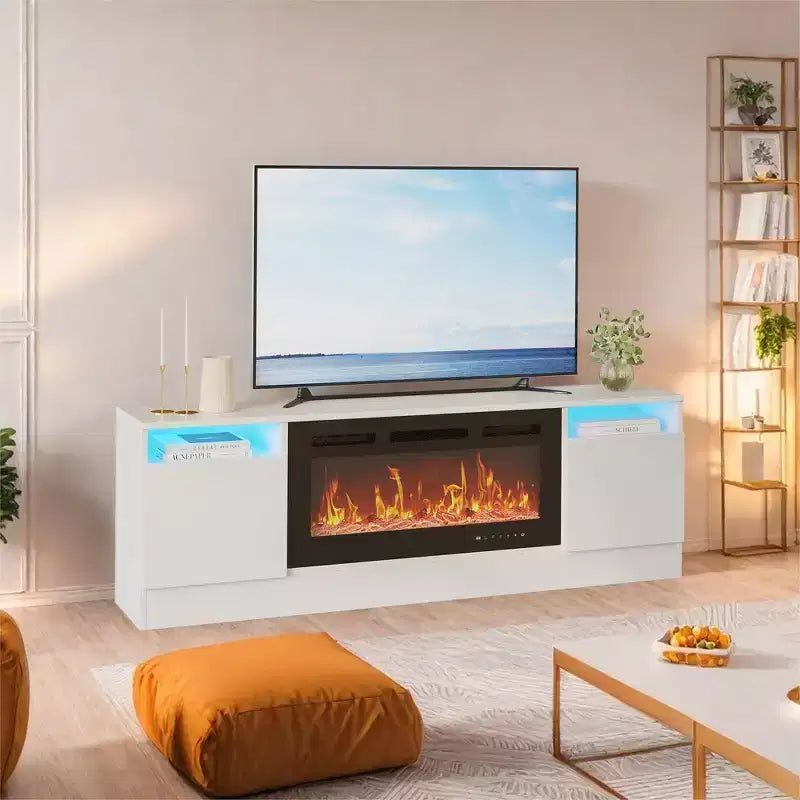 Mueble de TV moderno con iluminación LED, que incluye armarios de almacenamiento y estantes, adecuado para dormitorios y salas de estar.