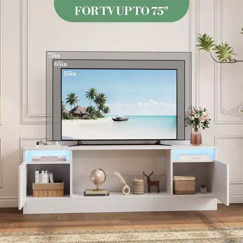 Mueble de TV moderno con iluminación LED, que incluye armarios de almacenamiento y estantes, adecuado para dormitorios y salas de estar.