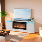 Mueble de TV moderno con iluminación LED, que incluye armarios de almacenamiento y estantes, adecuado para dormitorios y salas de estar.