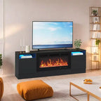 Mueble de TV moderno con iluminación LED, que incluye armarios de almacenamiento y estantes, adecuado para dormitorios y salas de estar.