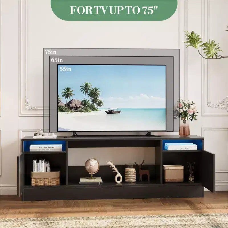 Mueble de TV moderno con iluminación LED, que incluye armarios de almacenamiento y estantes, adecuado para dormitorios y salas de estar.